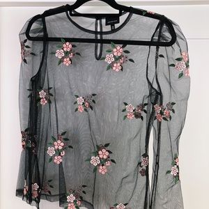 WhoWhatWear Black Mesh Puff Sleeve Embroidered Statement Blouse XS
